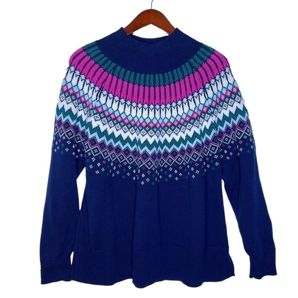 CROWN & IVY Fair Isle Cotton Blend Knit Sweater Size Medium Navy Multi - Picture 1 of 11